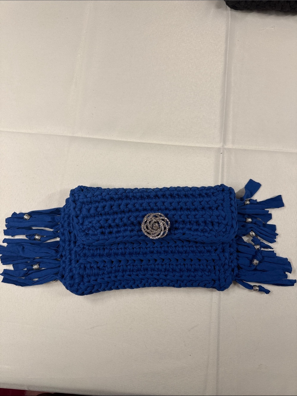 Handmade Cobalt Blue Crochet Clutch with Decorative Rhinestone Accent